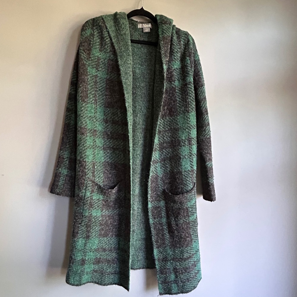 Natural Reflections Green Plaid Hooded Longline Cardigan Duster Sweater Large